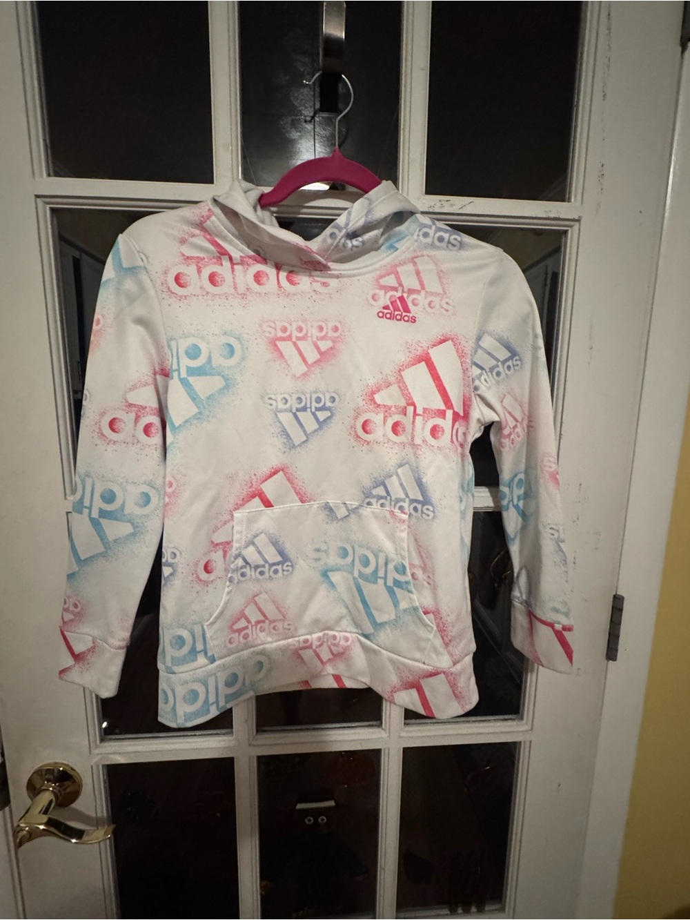 adidas White Hoodie with Pink & Light Blue Logo Spray Print